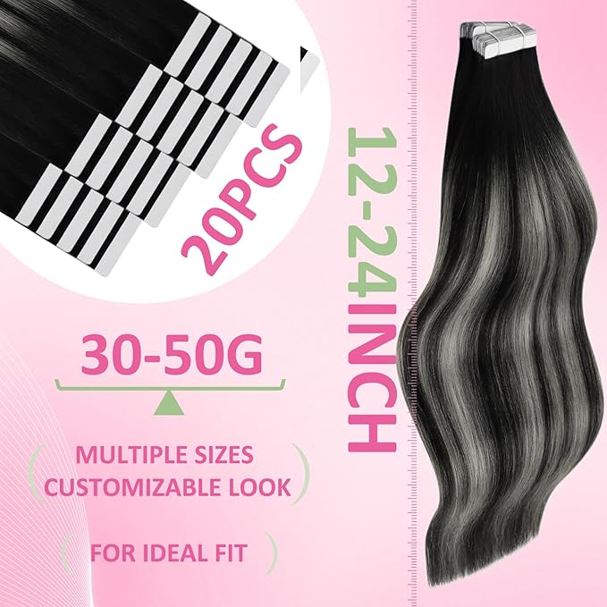 YoungSee Invisible Tape in Hair Extensions Ombre Black Tape on Hair Extensions Human Hair Balayage Black to Silver Remy Hair Extension Tapes for Women Straight Hair Extension 14In 50g 20pcs