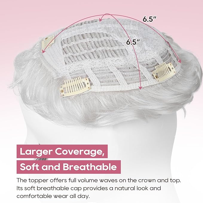 REECHO Hair Topper, Short Wiglet Hair Topper for Women with Thinning Large Coverage Synthetic Top Crown Hairpiece for Women - Silver White