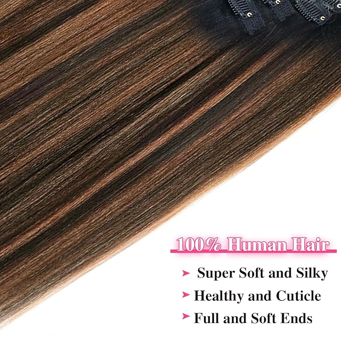 Yaki Straight Clip ins Real Human Hair Extensions For Women Highlight Hair Extensions Yaki Straight Clip in Hair Extensions(20inch,T1BP1B/30)