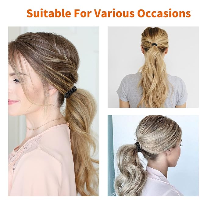 Spiral Hair Ties (Small Black, 50 Pcs Plastic Spiral) - Coil Ponytail Holders for Thick Hair, No Crease Phone Cord Ties for All Types