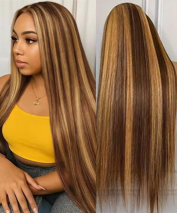 Highlight Ombre Lace Front Wig Human Hair 13X6 Honey Blonde Straight HD Lace Frontal Wig Pre Plucked Tangle-Free 200 Density Brown Wig 4/27 Colored Real Virgin Human Hair 22 Inch
