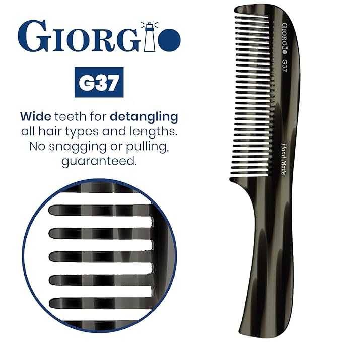 Giorgio G37 Large Coarse Detangler Comb, Wide Teeth for Thick, Curly, or Wavy Hair – For Wet and Dry Use, Handmade Rake Saw-Cut from Polished Cellulose (Black Graphite)