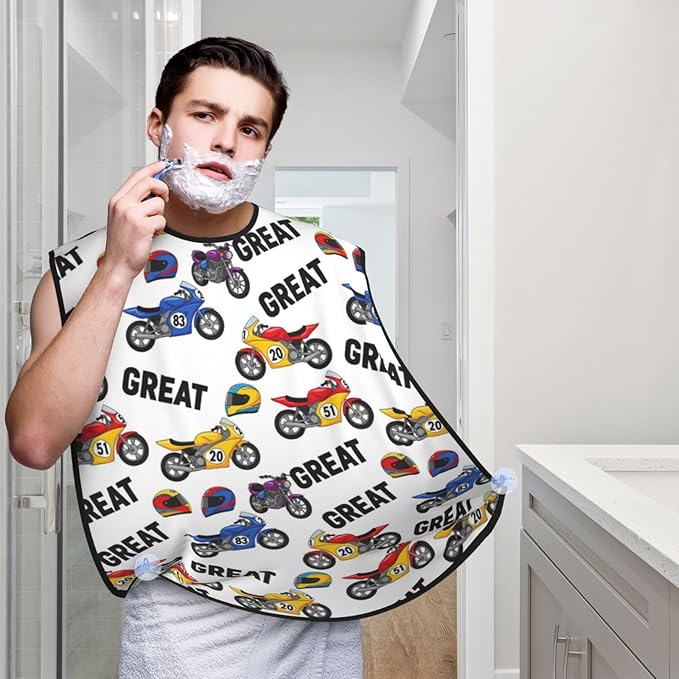 Beard Bib with 3 Suction Cups, Non-Stick Waterproof Hair Catcher Apron, Men's Shaving Essential for Grooming, Vintage Motorcycle Racing Dirt Bike Shave Bib