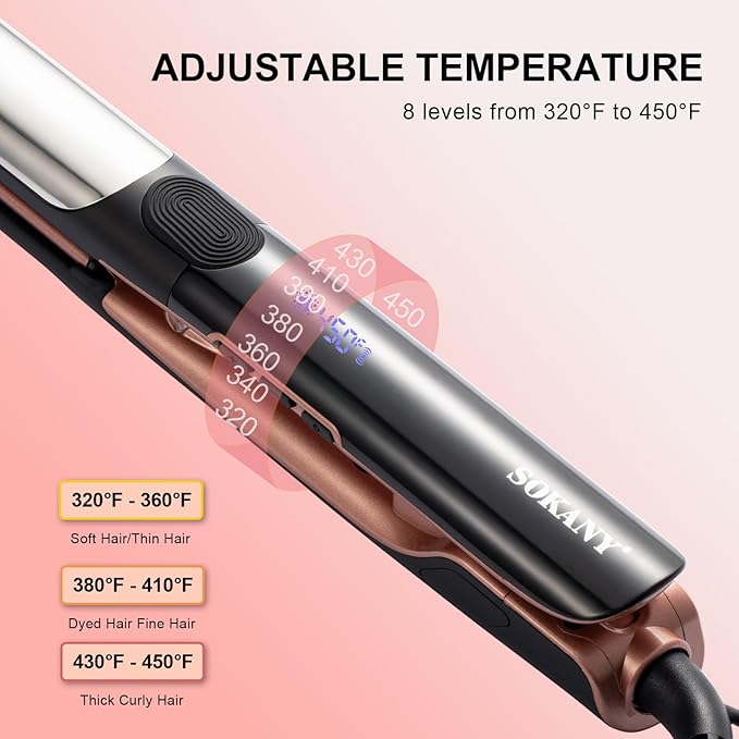 SOKANY 1 Inch Flat Iron Hair Straightener and Titanium Curler 2 in 1,Dual Voltage Smart 3D Ceramic Floating Plates Ionic Straightener,8 Temps Settings Fast Heating & Heat Protection