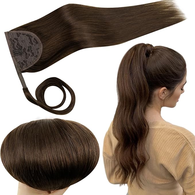 RUNATURE Ponytail Extension Human Hair Straight Brown Ponytail Hair Extensions 18 Inch 80g Natural Hair Ponytail Extension with Magic Paste Long Ponytail Real Hair Extensions One Piece Silky