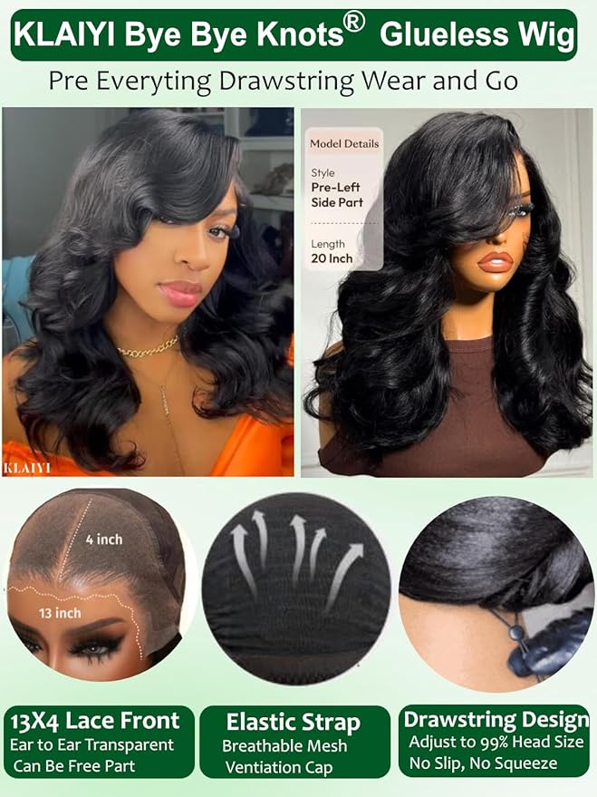 KLAIYI Pre Everything Glueless Layer Side Part Loose Body Wave 13x4 Lace Front Wigs Human Hair Drawstring Curtain Bangs Face framing Pre Bleached Knots Pre Plucked 3S Ready to Put On and Go Wig 24Inch