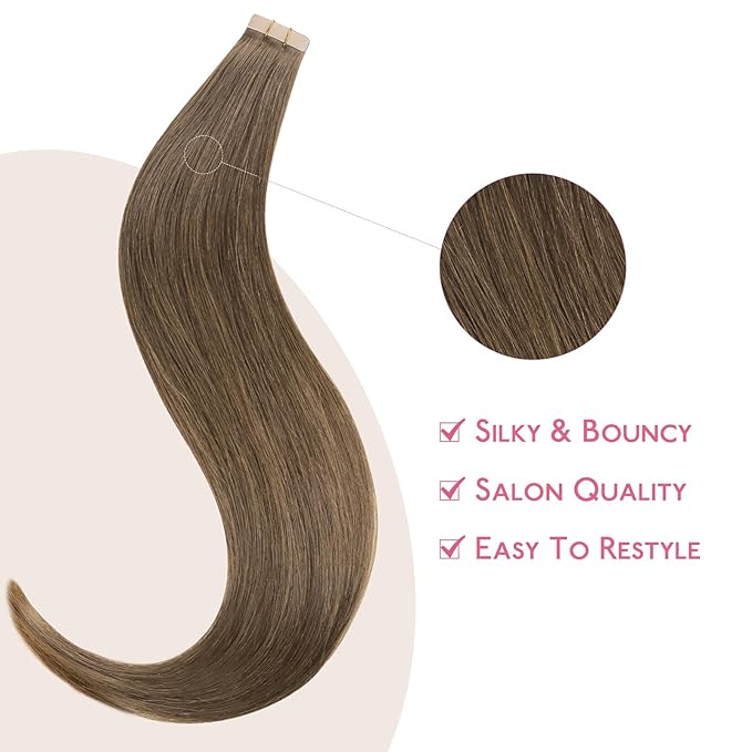 WENNALIFE Tape in Hair Extensions Human Hair Light Ash Brown Tape in Extensions, 10pcs 25g 14 inch Remy Invisible Tape Ins Straight Colored Soft Real Human Hair Tape in Extensions Refill Set