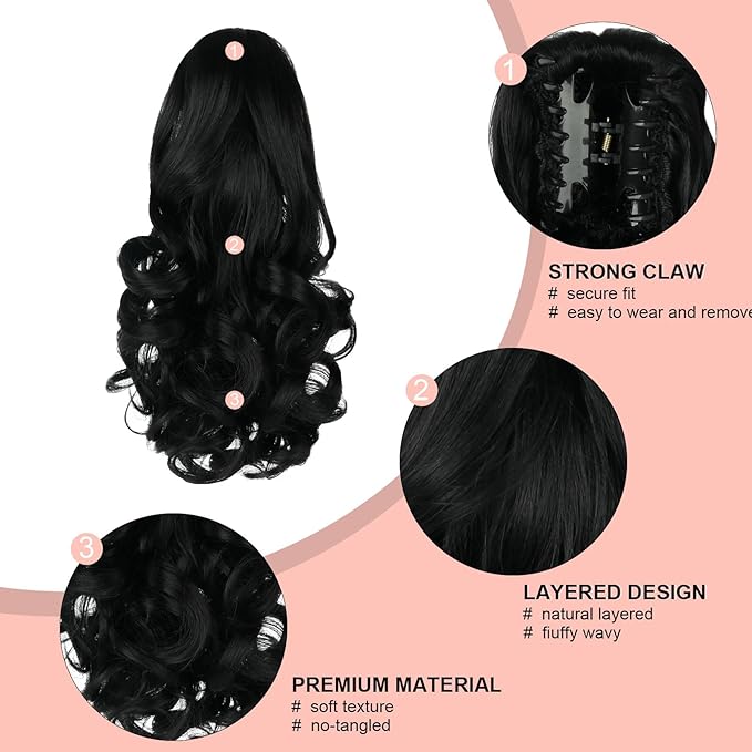 Ponytail Extension, Clip on Ponytails for Women, 12" Claw Clip in Short Curly Wavy Pony Hair Extension for Women - Black