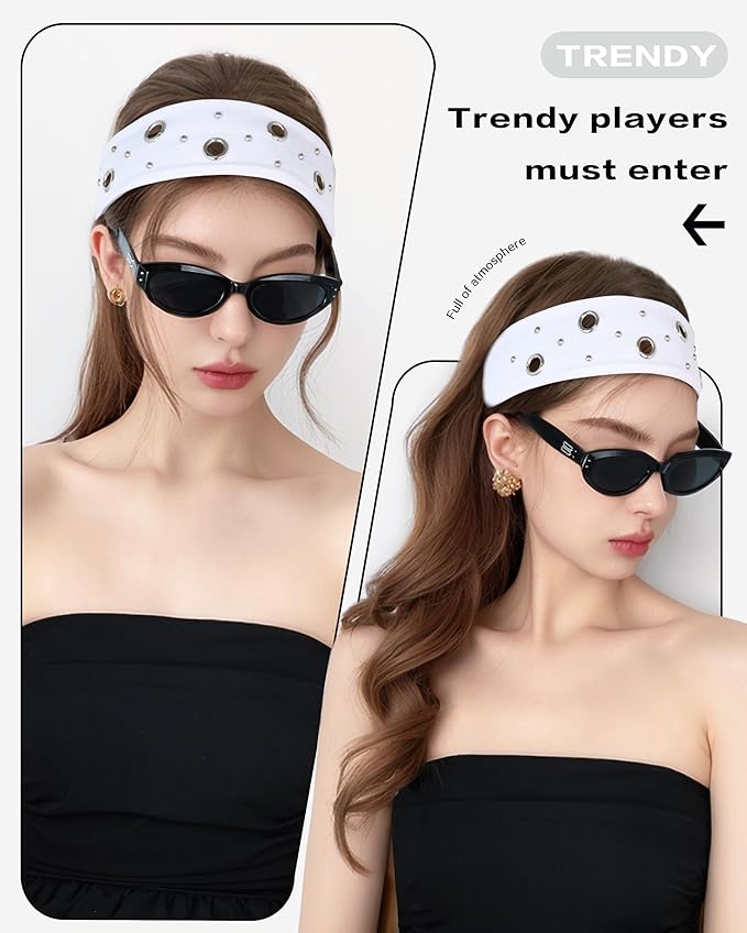 Grommet Headband for Women, White Round Studs 23cm Hollow Out Elastic Hair Band, Eyelets Punk Grunge Stylish Hairband