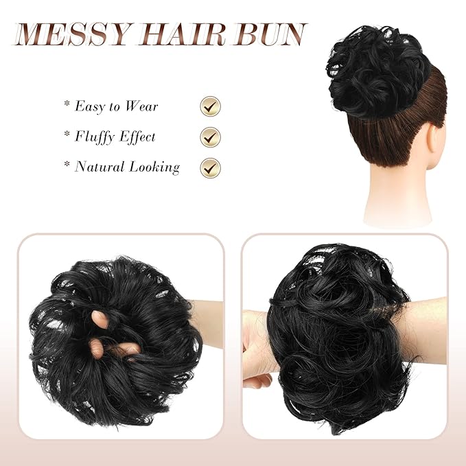 FESHFEN Messy Bun Hair Piece - Elastic Wavy Curly Hair Bun Scrunchies Extensions Synthetic Chignon Hairpieces for Women Girls, Off Black 1.5 oz