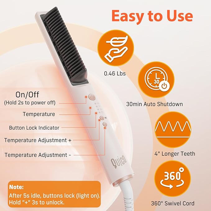 Quico Hair Straightener Brush, Ionic Straightening Brush for Women, Ceramic Travel Hair Straightener Comb, Electric Hot Comb Flat Iron, 100-240V Dual Voltage, Auto Temp Lock & Auto-Off Function, Pink