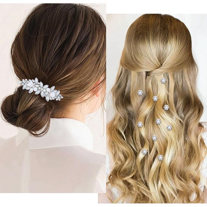 13 Pieces Rhinestone Hair Clips, Including10 Silver Mini Flower Hair Clips, 2 Pcs Crystal Bobby Pins, 1 Decorative Rhinestones Barrette with Pearls for Bride Women Flower Girls