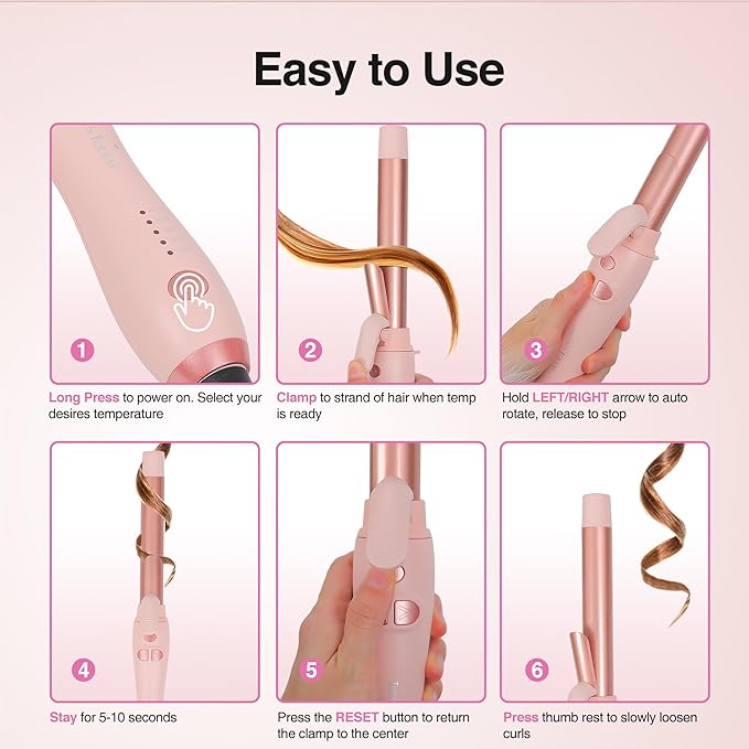 Extra-Long Barrel Rotating Curling Iron with Short Clamp, Automatic Curling Iron 1 Inch Creates Loose Curls – for Medium and Long Hair, High Heat 410°F, Instant Heat up, Double Ceramic, Dual Voltage