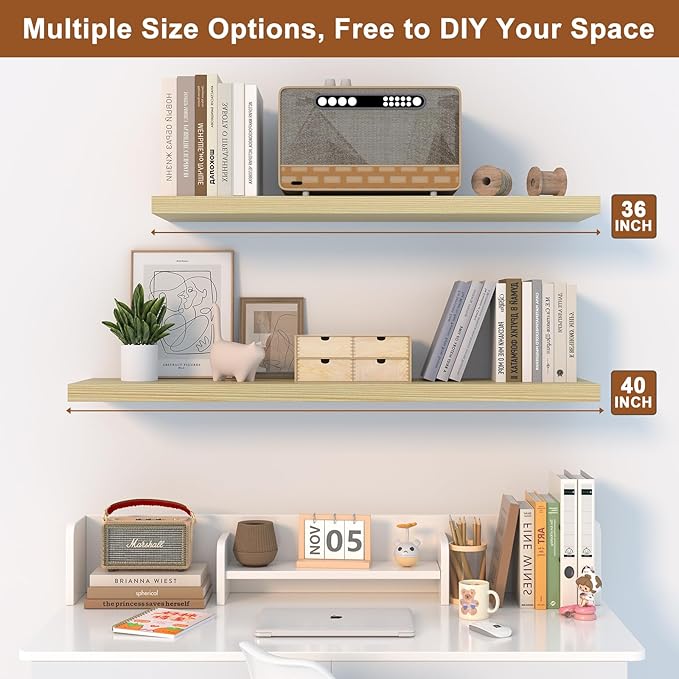 48 Inch Floating Shelf 2 Pack Large Floating Shelves for Wall No Drilling Accessories Included Deep Wall Shelves for Living Room Kitchen Farmhouse 48" W x 12" D x 1.2" Oak