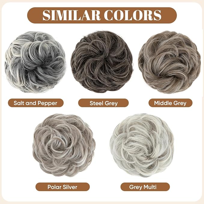 CJL HAIR Large Messy Bun Hair Piece Wavy Curly Scrunchies Synthetic Chignon Ponytail Hair Extensions Thick Updo Hairpieces for Women Polar Silver