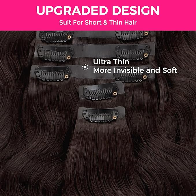 Lashey Seamless Clip in Hair Extensions Human Hair #2 Dark Brown Body Wave Clip in, Real Human Hair 7pcs 110g 24 Inch PU Weft Natural for Women