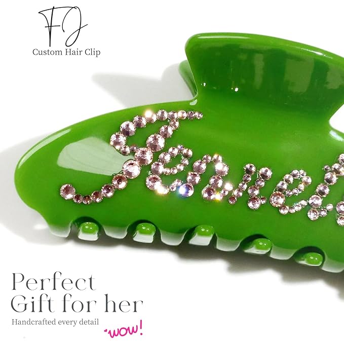 Personalized Colorful Name Hair Claw Clips for Women,Custom Hair Clips with Diamond,Cute Hair Accessories 4",Handmade Rhinestones Hair Clamp Gifts for Mom,Bride,Wife,Bridesmaid,Couples（Green）