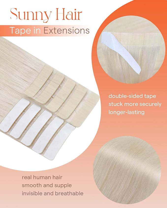 Sunny Hair Tape in Hair Extensions Real Human Hair Invisible Remy Hair Extensions Tape ins for Women White Blonde 24 inch 25G