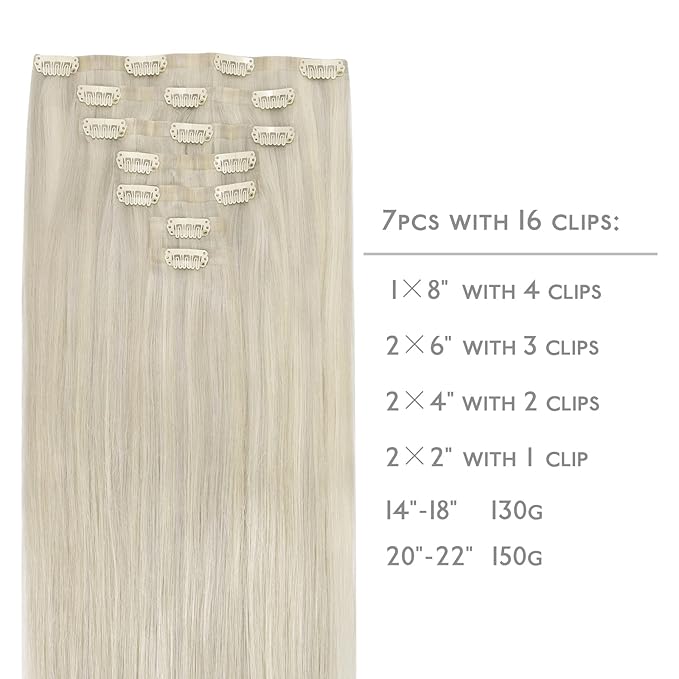 WENNALIFE Seamless Clip In Hair Extensions, 14 Inch 7pcs 130g Ash Blonde Highlighted Platinum Blonde Hair Extensions Clip In Real Human Hair Extensions Clip In Invisible PU Weft Human Hair Extensions