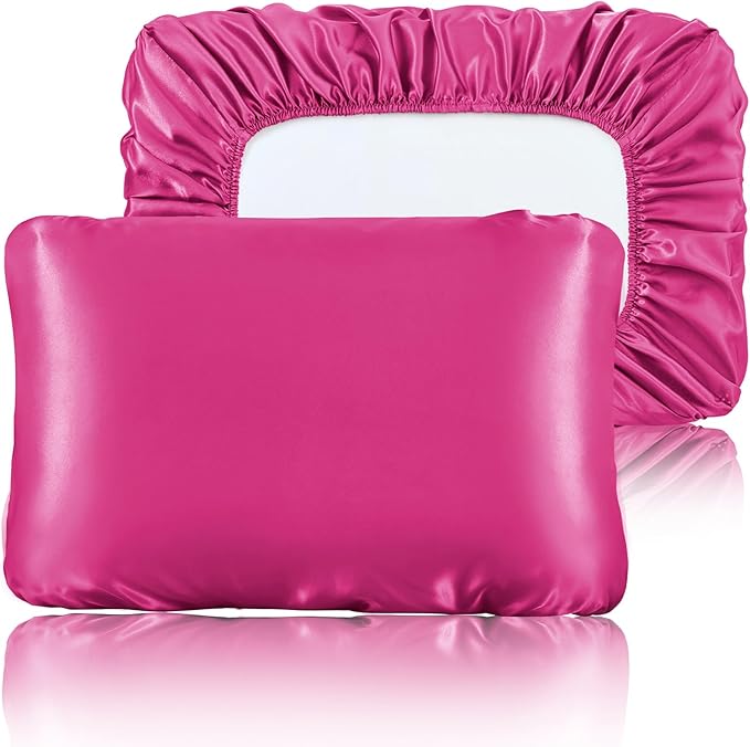 SiinvdaBZX Hot Pink Satin Pillowcase Standard/Queen Size Set of 2, Silky Travel Elastic Band Satin Pillow Case for Hair and Skin, Soft Portable & Fit for Various Pillow