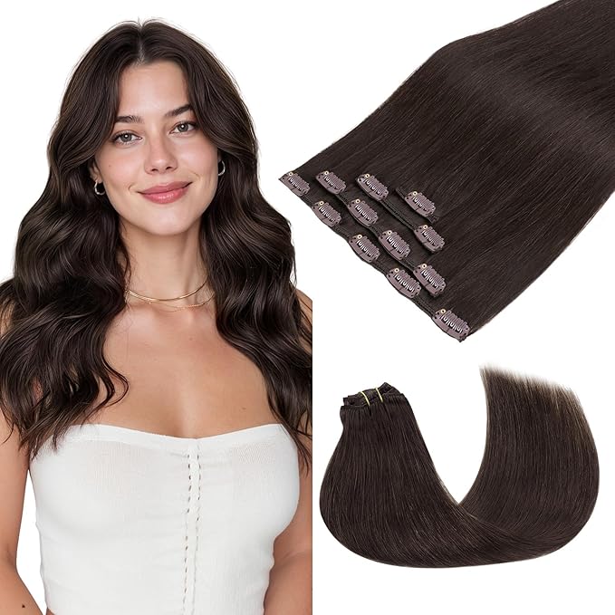 GOO GOO Clip in Hair Extensions Real Human Hair, Remy Human Hair Extensions Clip ins for Women, Natural Human Hair, 18inch 70g 4Pcs, 2 Dark Brown