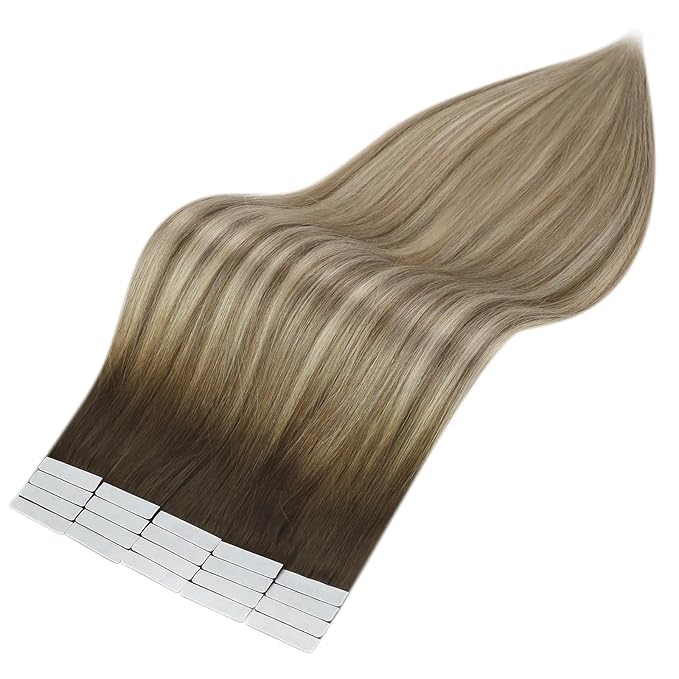 Full Shine Tape in Hair Extensions Human Hair Color 3 Ombre 8 and 22 Blonde Highlighted Balayage Tape Hair Extensions Seamless Skin Weft Tape in Extensions 24Inch Adhesive Hair Extensions 50G 20Pcs