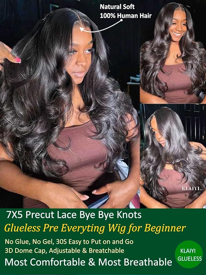 KLAIYI Body Wave Bye Bye Knots Glueless Wig 7x5 Pre Cut Lace Front Wigs Human Hair Wear and Go Wigs for Beginners Pre Bleached Pre Plucked Pre Everything 3S Easy to Ready to Wear Loose Wave Wig 24Inch