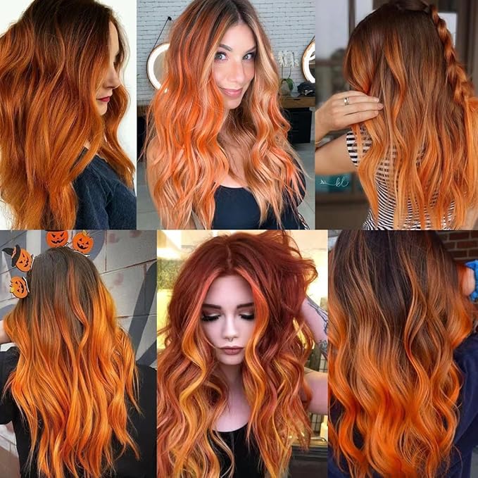 Orange Hair Extensions Clip in for Kids Girls, 10 Pieces 22 Inch, Colored Heat Resistant Synthetic Hairpiece, Long Straight Streak Extension Clips Ins