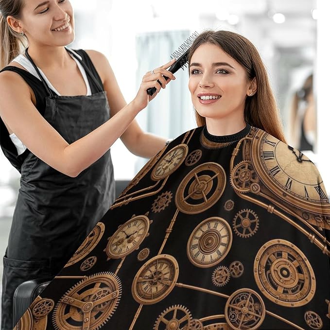 Unisex Vintage Steampunk Clock Hair Styling Cape, Lightweight Salon Cape Apron for Home Stylists, Haircut Tools