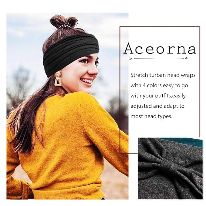 Wide Headbands Stretch Turban Knotted Hairbands Elastic Yoga Workout Sweatband Running Sport Head Scarf Large African Head Wraps for Women 4 Pcs (Set D)