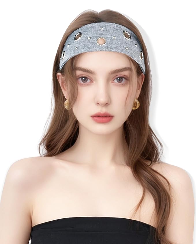 Grommet Headband for Women, Gray Round Studs 23cm Hollow Out Elastic Hair Band, Eyelets Punk Grunge Stylish Hairband