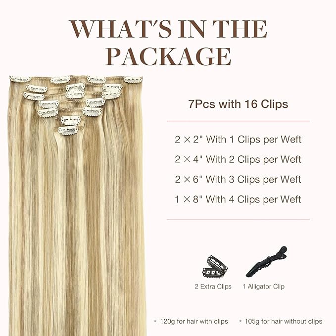 GOO GOO Clip in Hair Extensions Real Human Hair, Remy Human Hair Extensions Clip ins for Women, Natural Human Hair, 20inch 120g 7Pcs, 18A/613A Dark Blonde Highlighted Bleach Blonde