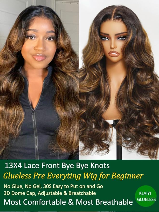 KLAIYI Pre Everything 13x4 Glueless Wig Ombre Brown Body Wave Pre Cut Lace Front Wigs Human Hair Pre Plucked Pre Bleached Wear and Go Wig with Dark Roots 12A Highlight Balayage 3S Ready To Wear 26Inch