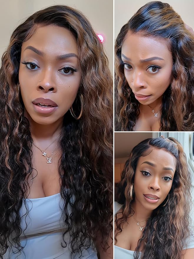 Julia Hair Golden Brown Highlight Water Wave and Jerry Curly Wig Mixed Curls 13X4 Lace Front Pre Everything Wigs Glueless Human Hair Lace Frontal with Invisi Drawstring Ready to Go 26 Inch