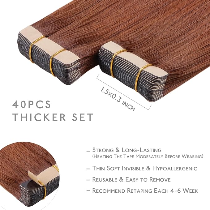 WENNALIFE Tape in Hair Extensions Human Hair, 40pcs 100g 24 inch Dark Auburn Copper Hair Extensions Real Human Hair Straight Tape in Extensions Invisible Human Hair Extensions Reusable Real Hair Exten