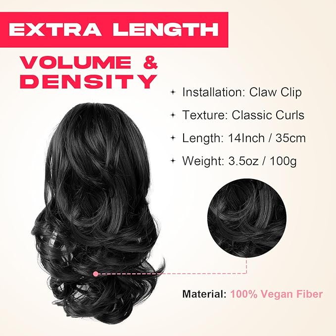 Ponytail Extension - 14" Claw Clip in Ponytail Hair Extensions Natural Soft Synthetic Layered Wavy Pony Tail Hair Pieces for Women - Black