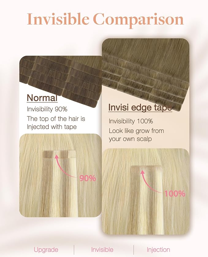 GOO GOO Invisi Edge Tape in Hair Extensions Human Hair, 9/60 Balayage Ash Brown to Platinum Blonde, 20pcs 16inch 50g, Virgin Remy Hair, Seamless Injected Tape, Natural Look