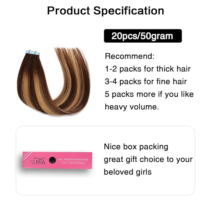 SUYYA Tape in Hair Extensions Human Hair 50g/pack 20pcs Straight Balayage Seamless Skin Weft Tape in Real Hair Extensions Ombre Chocolate Brown to Caramel Blonde(24inch #P4/27/T4)