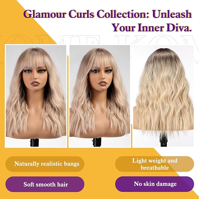Blonde Wig with Bangs,Dirty Blonde Wavy Wigs for Women,Shoulder Length Curly Synthetic Hair Wig for Party Daily Use 18IN…