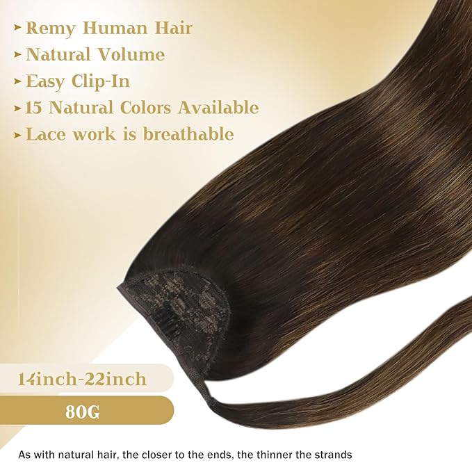 Ve Sunny Hair Extensions Ponytail Real Human Hair 80G Wrap Around Clip in Ponytail Hair Extensions Straight Extensions Human Hair for Women Dark Brown Balayage Chestnut Brown 14inch