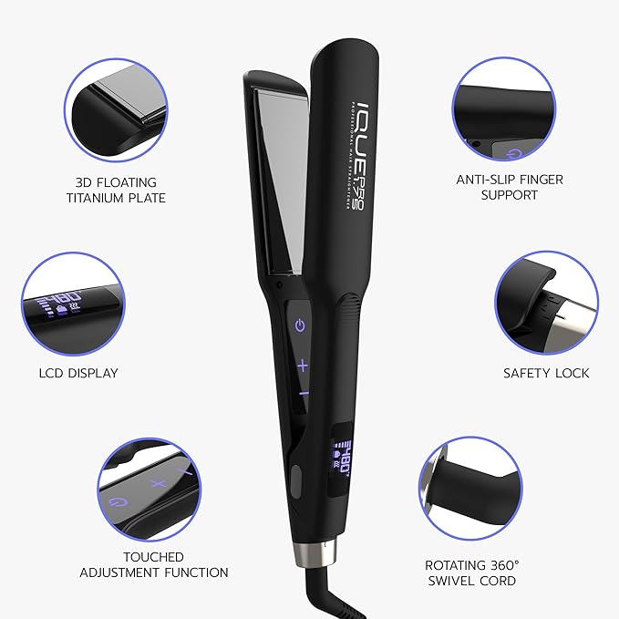 iQUE Flat Iron Hair Straightener & Curler 2-in-1 | Titanium Plates with Ionic Function | Heats in 2 Sec | Adjustable Temp up to 480°F | LCD Display | Dual Styling Tool | Dual Voltage 100-240V | 1.75"