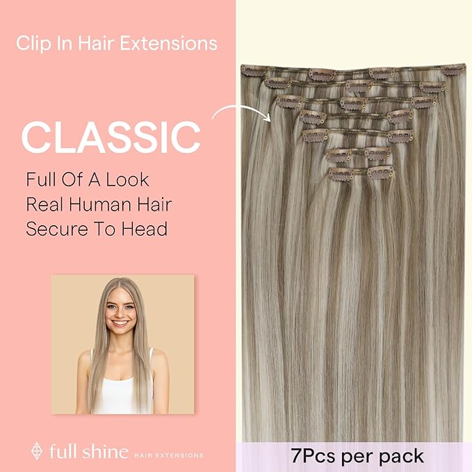 Full Shine Clip in Extension, Ash Blonde Higlight Light Blonde Hair Extensions Real Human Hair, 18 Inch Straight Natural Hair Extensions Clip ins, Double Wefr Add Thickness 7 Pcs 120g