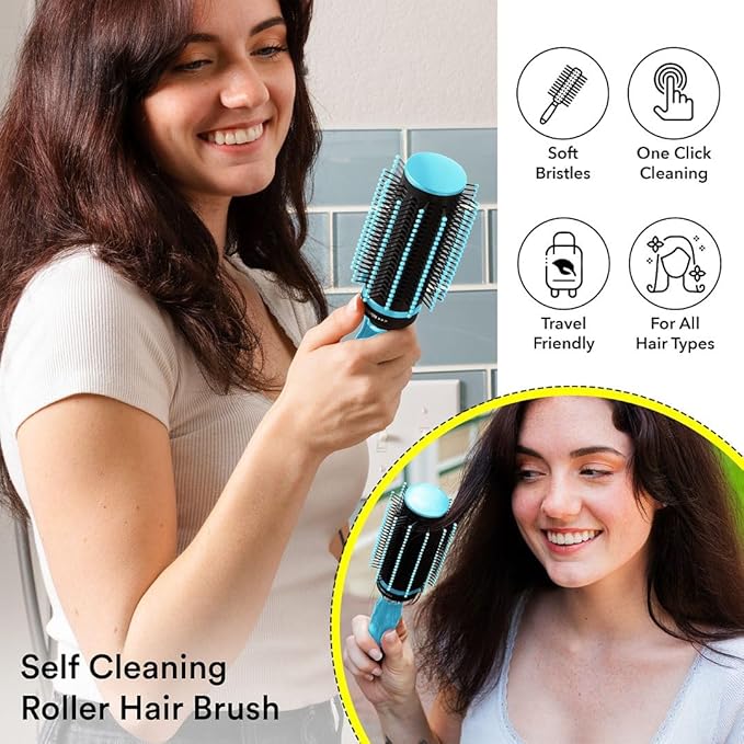 Detangler Self Cleaning Hair Brushes for Women - Round Brush for Blow Out Roller Retractable Travel Hairbrush Wet or Dry Hairs - Mint Birthday Christmas Gifts
