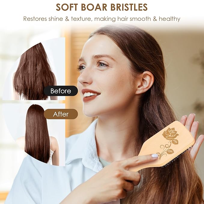 Bsisme Hair Brush, Boar Bristle Hair Brushes for Women Men Kid, Natural Bristles Paddle Brush for Thin Fine Hair, Restore Shine and Texture, Enhance Hair Shine and Health