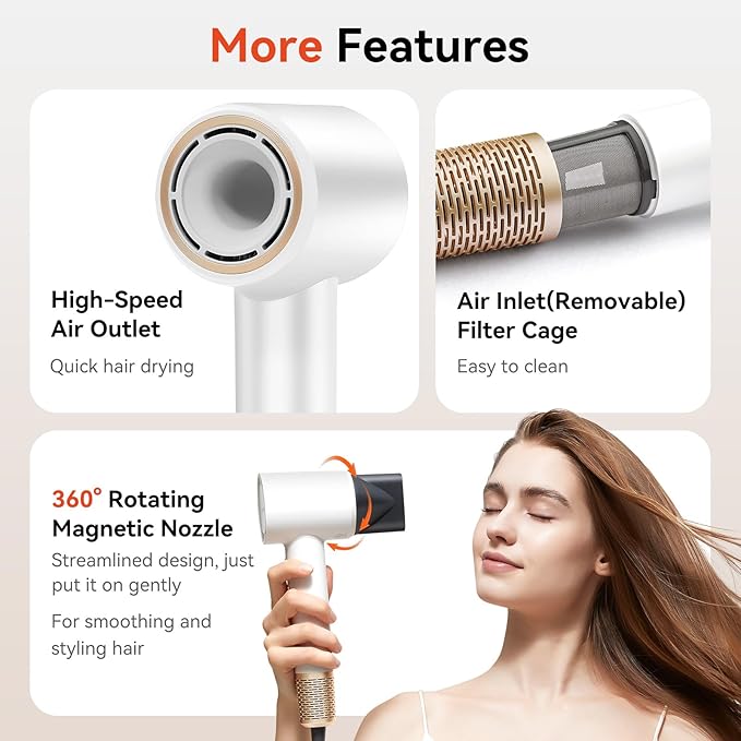 High Speed Hair Dryer - Ionic Hair Dryer for Women with brushless Motor, Fast Drying, Low Noise, Blow Dryer, with Magnetic Nozzle, Suitable for Home, Travel and Salon use(White)