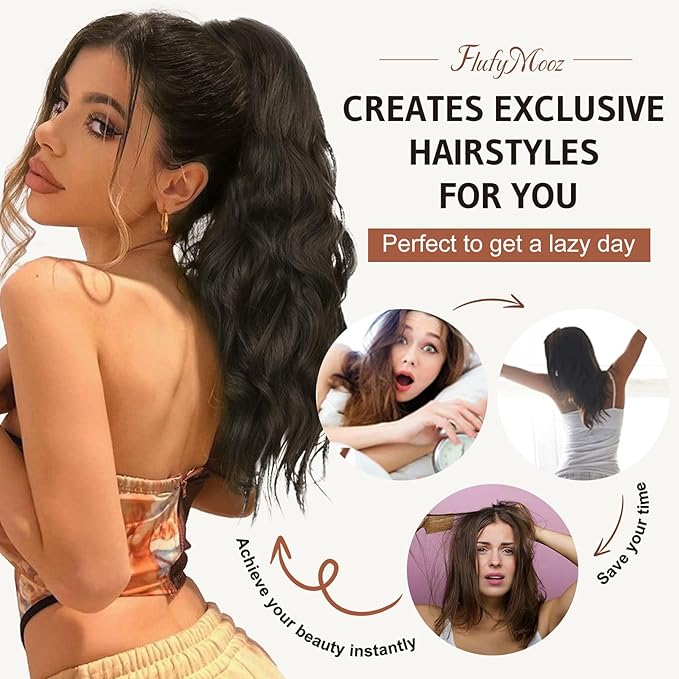 FLUFYMOOZ Ponytail Extension, 18 Inch Claw Clip Ponytail Extension, Wavy Curly Claw Clip in Ponytail Hair Extensions, Natural Ponytail Synthetic Hairpiece for Women (Chocolate Brown to Light Brown)