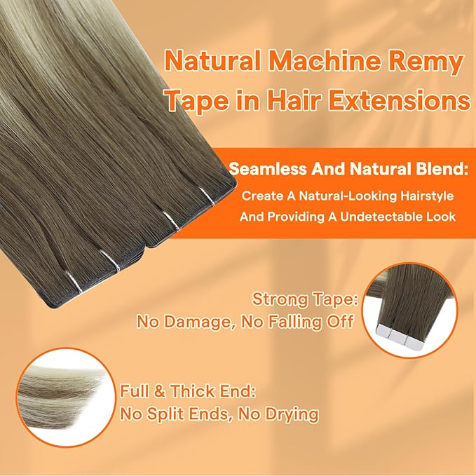 Full Shine Invisible Tape in Hair Extensions Human Hair 22 Inch Color 8 Brown to 8 Ash Brown and 613 Blonde Virgin Injection Tape in Extensions 5Pcs 12.5Grams Seamless Skin Weft Human Hair for Women