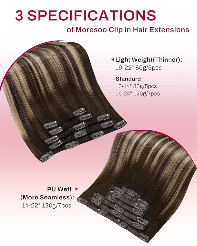 Moresoo Real Hair Extensions Clip in Human Hair Brown Ombre Blonde Mix Medium Brown Balayage Clip in Hair Extensions Long Silky Straight 5pcs 80G 22inch