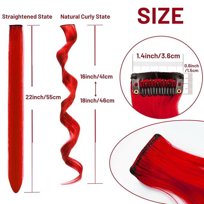 16 Pcs Colored Hair Extensions Curly Wavy Clip in Synthetic Hairpiece Streak for Girls Women Kids,Colorful Party Highlights Christmas New Year Cosplay Festival Gift(Red)