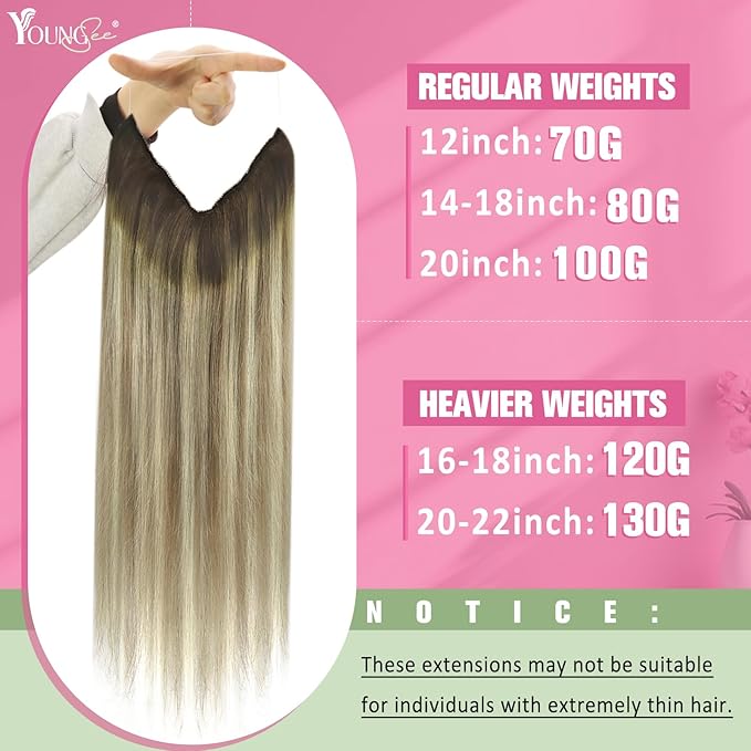 YoungSee Wire Hair Extensions Real Human Hair Brown Balayage Hair Extensions Invisible Wire Dark Roots to Light Brown with Blonde Reusable One Piece Hair Extension Easy to Wear 18Inch 80G